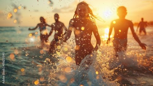 Group of happy friends having fun on the beach at sunset. Travel and summer vacation concept.