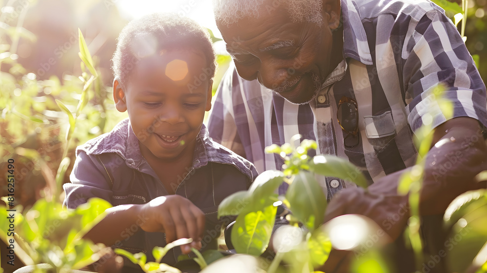Obraz premium Happy african american grandfather and grandson planting in garden family lifestyle childhood togetherness gardening and hobbies unaltered : Generative AI
