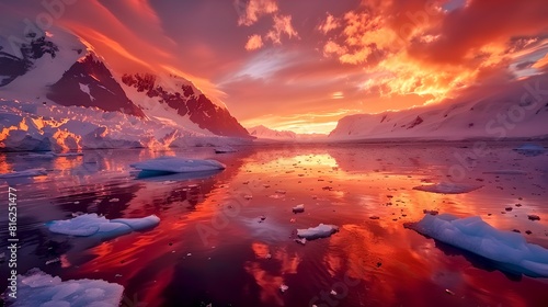 Stunning Arctic Sunset with Fiery Skies Over Iceberg-Studded Waters. A Breathtaking Nature Background. Ideal for Wallpapers and Posters. AI