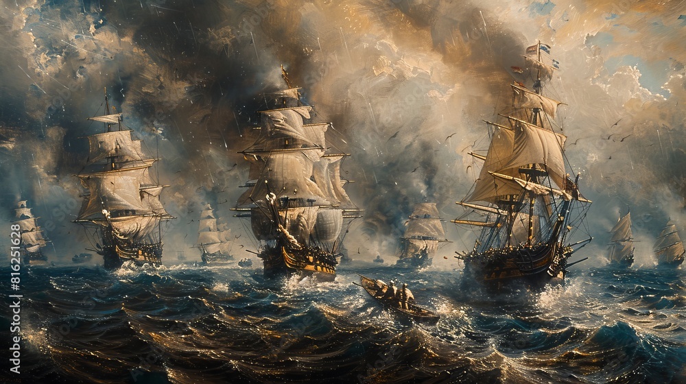 Fototapeta premium A historic naval battle scene, with tall ships engaged in fierce combat