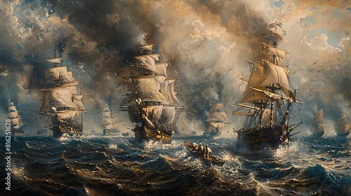 A historic naval battle scene, with tall ships engaged in fierce combat photo