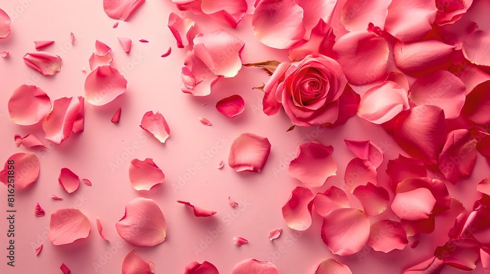 Elegant single rose amidst scattered petals on a soft pink surface. Ideal for romantic and floral themes. Perfect for Valentine's Day. AI Elegant single rose amidst scattered petals on a soft pink surface. Ideal for romantic and floral themes. Perfect for Valentine's Day. AI