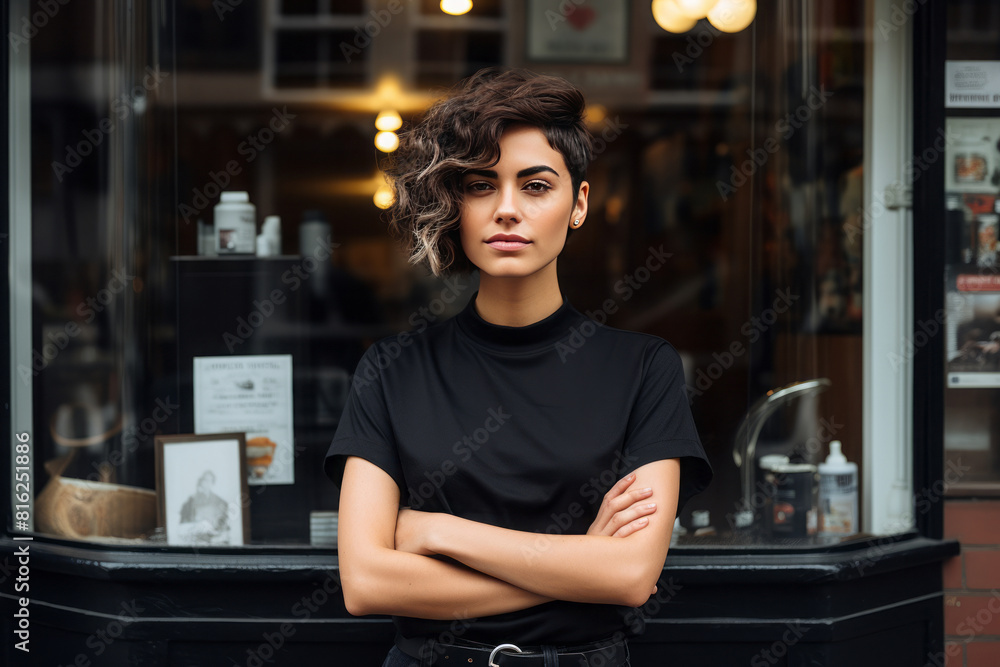 Stylish young woman business owner with trendy haircut stands in front of her salon Stylish young woman business owner with trendy haircut stands in front of her salon