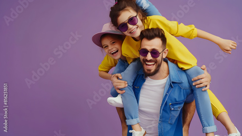 Full body young cheerful happy parents mom dad with child kid daughter girl 6 years old wear blue yellow casual clothes giving piggyback ride to joyful sit on back isolated on plain pu : Generative AI photo