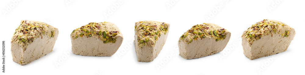 Pieces of tasty halva with pistachios isolated on white, set Pieces of tasty halva with pistachios isolated on white, set