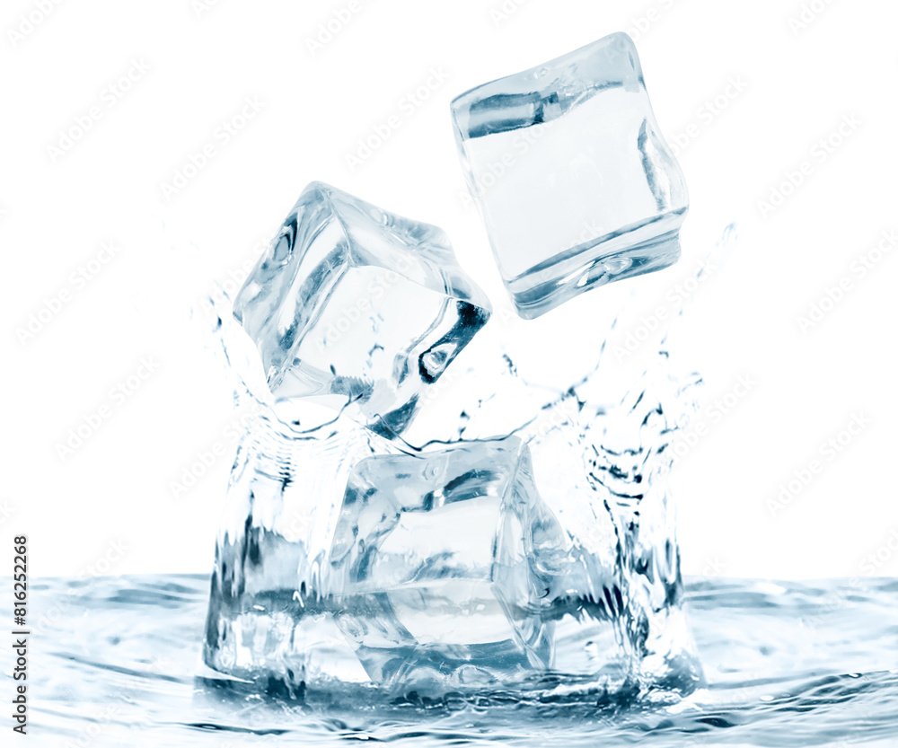 Ice cubes falling into water on white background Ice cubes falling into water on white background