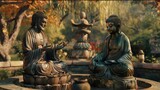 A harmonious exchange between Jesus and Buddha exploring the similarities and differences in their philosophies and teachings realistic