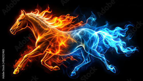 Horse. Fiery Horse. Blue and orange Fire border. Illustration isolated on black background