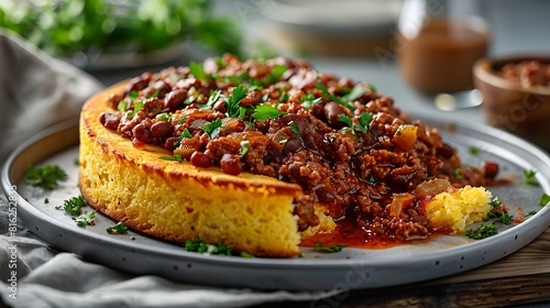 Beef chili con carne with cornbread, fresh foods in minimal style