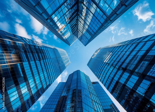 Stunning shot of modern skyscrapers against the blue sky  low angle perspective  stock photo  high resolution photography.