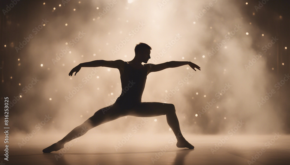 silhouette of a male pro ballet dancer in front of spotlights and smoke
