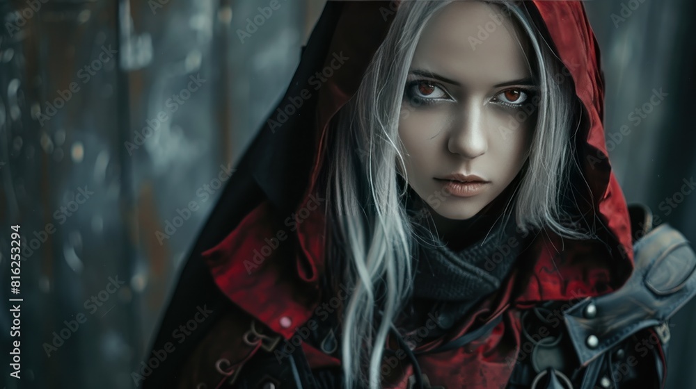 White haired woman gothic mysterious black hoodie with red light and with a serous look AI generated image White haired woman gothic mysterious black hoodie with red light and with a serous look AI generated image