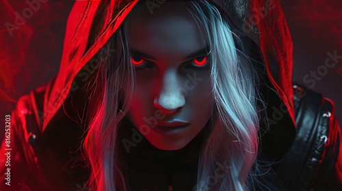 White haired woman gothic mysterious black hoodie with red light and with a serous look AI generated image photo