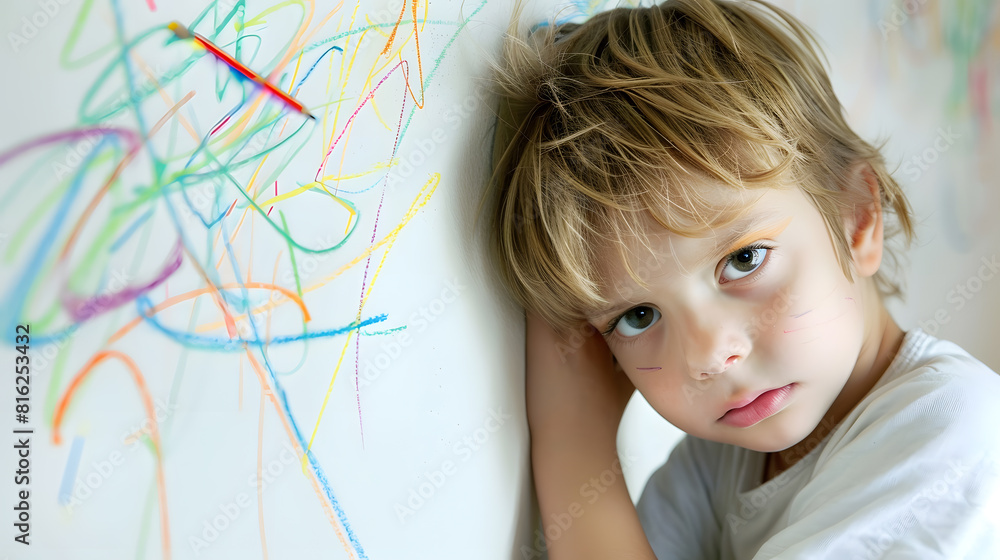 Child mischief Boy with a distracted face because he drew the entire ...