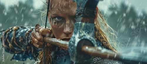 Viking woman warrior in battle with crossbow ready war wallpaper AI generated image photo