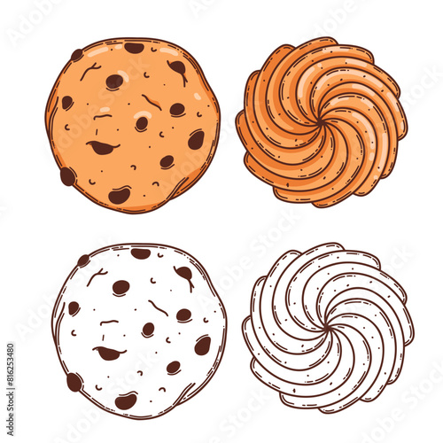Oat cookie, shortbread vector coloring page for coloring book.  Bake sweet dessert product for breakfast or lunch, hand drawn sketch