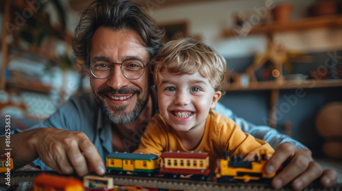 Joyful father and son playing with toy train at home photo