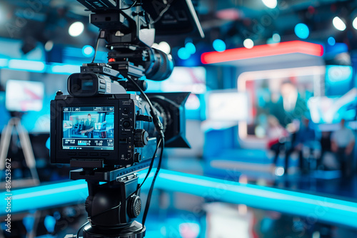 Professional TV Camera Standing in Live News Studio TV news reporter in live broadcasting ,TV interview, press and media camera ,video photographer on duty in public new mock-up Te