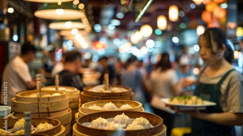 A bustling dim sum restaurant scene with servers carrying trays of Lian Rong Bao to eager diners among a lively crowd, Close up photo