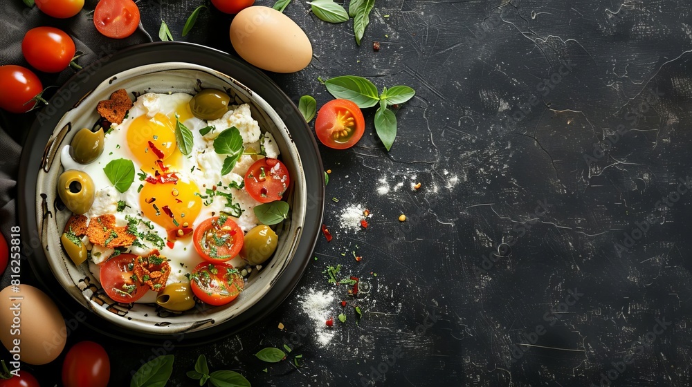 A clean and simple banner image of a halal breakfast set with eggs, olives, and tomatoes, centered on a dark background, offering expansive copy space, Close up