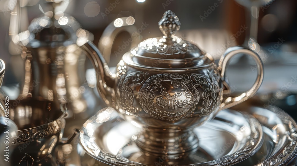 A closeup of a beautifully crafted silver tea set, showcasing intricate engravings and a polished finish, reflecting soft light, Close up A closeup of a beautifully crafted silver tea set, showcasing intricate engravings and a polished finish, reflecting soft light, Close up