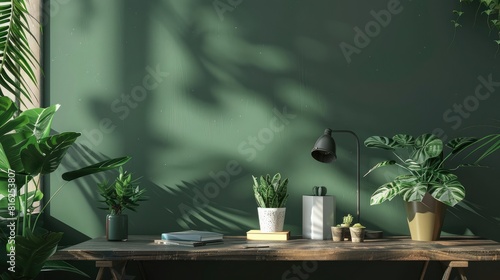 A nature-inspired desk with potted plants and earthy tones  modern graphic design style with copy space realistic