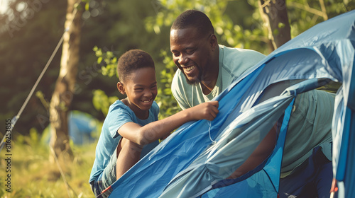 Happy african american son and father pitching tent together in sunny garden summer childhood fatherhood free time camping togetherness and outdoor activities unaltered : Generative AI