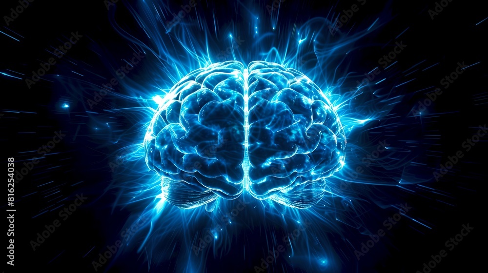 Energetic brain electricity concept. Neural network and artificial intelligence visualization. Creative digital illustration of mind power. Abstract thinking representation. AI