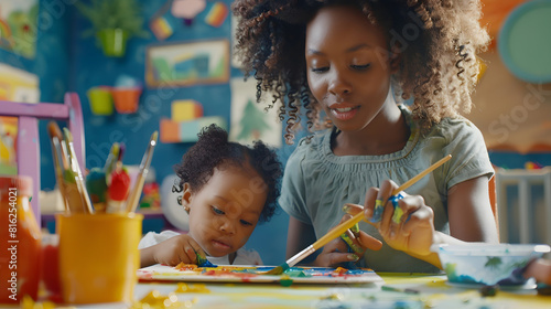 Creative african american little girl painting with child specialist sitting at table with female teacher and holding brush young woman doing arts and crafts with infant at kindergarte : Generative AI photo
