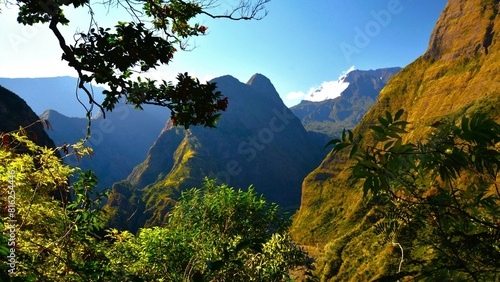 Beautiful scenery of the Cirque de Mafate, a caldera formed by the collapse of Piton des Neiges shield volcano, as seen from the hiking trail near Dos D'Âne village (Reunion Island) photo