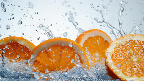 Orange slices falling into water and creating a splash. Refreshing and thirst quenching. Copy space.