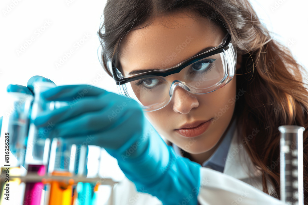 Female scientist working with test tube in a research lab, doing chemical experiments Female scientist working with test tube in a research lab, doing chemical experiments