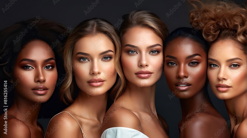 Obraz premium A diverse group of beautiful women with natural beauty and glowing smooth skin. Portrait of many attractive female fashion models with great skincare of all races, tones and style, Generative AI 