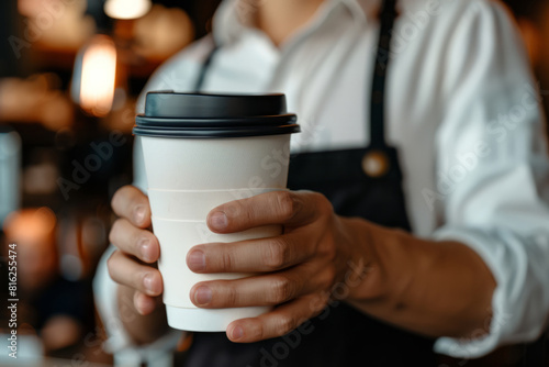 Barista man holds paper coffee cup with black lid at cafe shop background