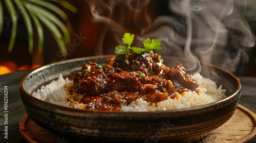 Beef rendang with steamed rice, fresh foods in minimal style