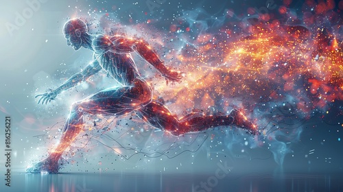 Running figure illuminated by biomechanical and digital elements