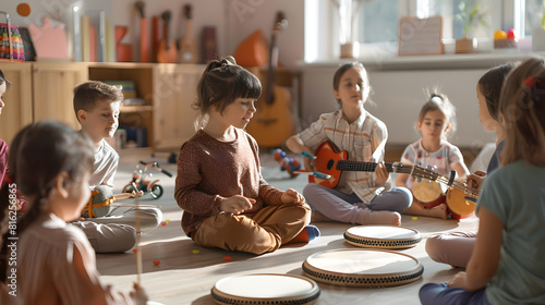 Kindergarten teacher with children sitting on the floor having music class using various instruments and percussion Early music education : Generative AI