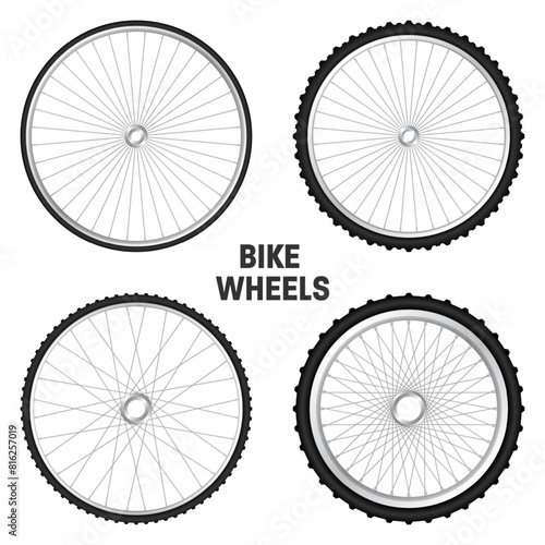 Realistic 3d bicycle wheels. Bike rubber tyres, shiny metal spokes and rims. Fitness cycle, touring, sport, road and mountain bike. Vector illustration