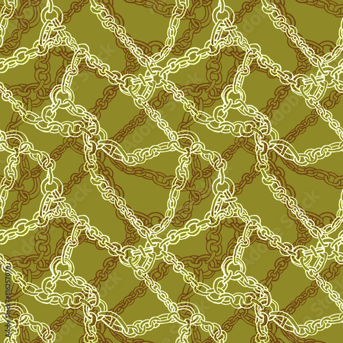 A seamless pattern with illustration of chains contour, intertwined. Design for fabric, covers, surfaces, textile. Silver and rusty chains plexus. Design for man sportswear, uniform, swimwear. (ID: 816257076)