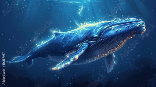 The majestic blue whale glides over the ocean surface, illuminated by the sunlight that penetrates the ocean horizon © Diana