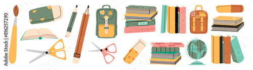 School supplies set. Backpack, book, pen, scissors, globe. Children’s cute colourful objects. Vector illustration in hand draw style.