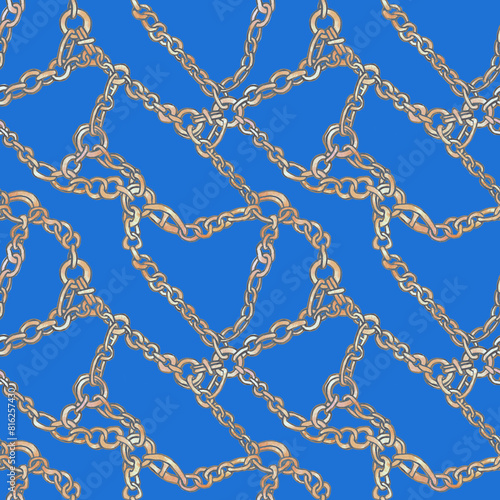 A seamless pattern with illustration of intertwined golden chains. Design for fabric, covers, surfaces, textile. Gold chains plexus on blue background. Tile for sportswear, swimwear, jewelry shop. (ID: 816257430)