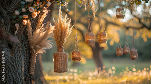 bohemian forest wedding, bohemian wedding decor with dried pampas grass and hanging woven baskets add a romantic touch to a forest elopement photo