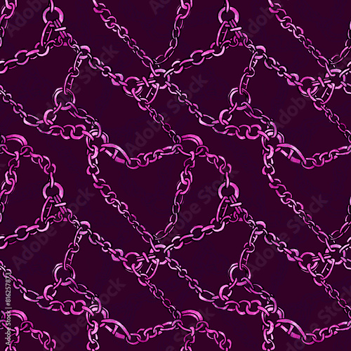 A seamless pattern with illustration of intertwined chains. Design for fabric, covers, surfaces, textile. Pink gold chains plexus on purple background. Design for sportswear, swimwear, jewelry shop. (ID: 816257873)