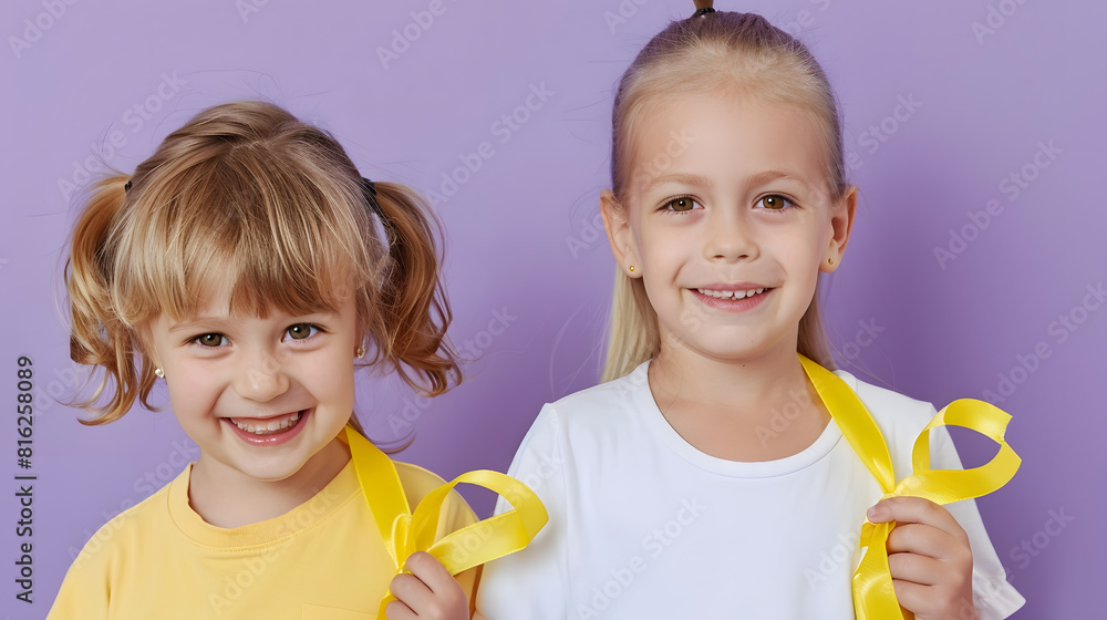 Cute little children with yellow ribbons on lilac background Childhood cancer awareness concept : Generative AI Cute little children with yellow ribbons on lilac background Childhood cancer awareness concept : Generative AI