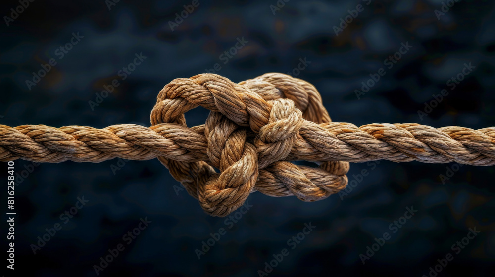 Two ropes with knot on dark background as concept of strength and battl, rope or fabric with knotted area symbolizing unity in diversity Two ropes with knot on dark background as concept of strength and battl, rope or fabric with knotted area symbolizing unity in diversity
