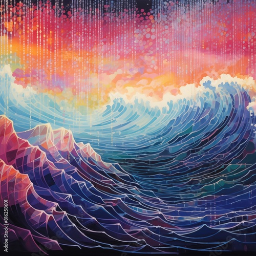Abstract Ocean Waves at Sunset with Vibrant Colors and Dynamic Patterns.