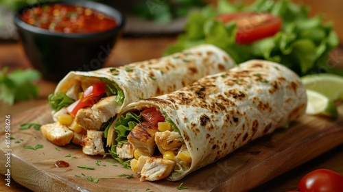 On a wooden table, chicken is wrapped in a tortilla with fresh vegetables