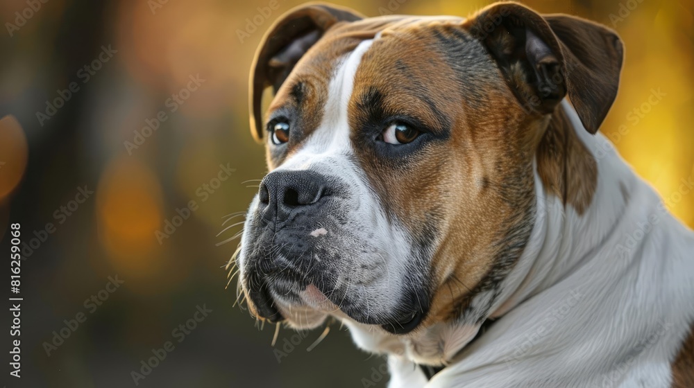 A closeup of an American Bulldog with a gentle and loyal expression, sitting calmly with a slight head tilt, showcasing its distinctive jawline, Close up A closeup of an American Bulldog with a gentle and loyal expression, sitting calmly with a slight head tilt, showcasing its distinctive jawline, Close up