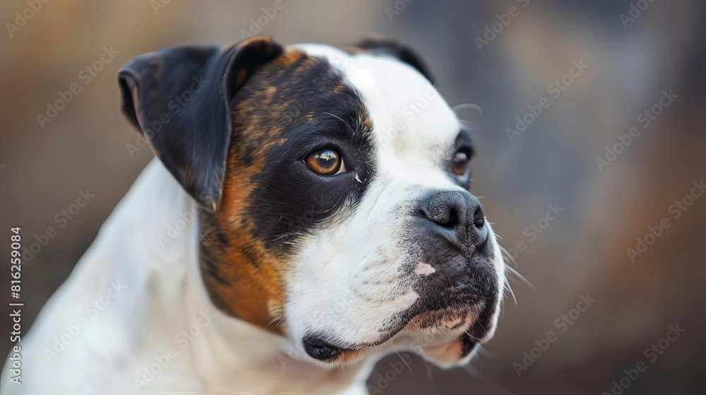 A closeup of an American Bulldog with a gentle and loyal expression, sitting calmly with a slight head tilt, showcasing its distinctive jawline, Close up